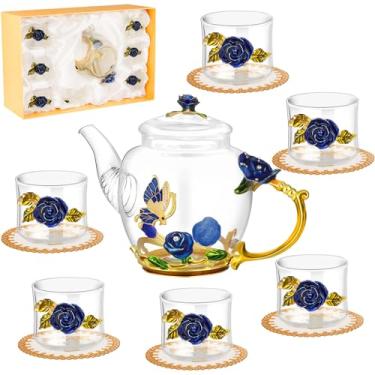 Imagem de PYQTH Conjunto de chá de vidro floral para mulheres, conjunto de bule de chá de flores vintage com caixa de presente, conjunto de chaleira de chá, bule de vidro chique xícara de chá com porta-copos