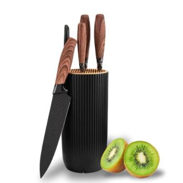 Imagem de Conjunto 6 Facas Chef com Organizador, Aço Inoxidável, Cabos em Madeira Natural, Design Moderno e Minimalista (Preto)