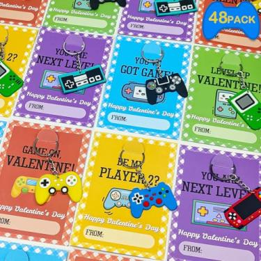 Imagem de Bulk Valentines Day Cards Gifts for Kids Classroom, 60 Pack Video Game Keychain with Class Exchange Cards for Boys Girls, Valentine Goodie Bag Stuffers School Party Favors Prizes Treats for Toddlers