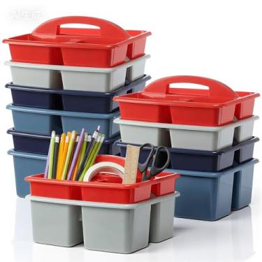 Imagem de Kathfly Pacote com 12 organizadores com alça, armazenamento empilhável para organização, cesta de plástico pequena para sala de aula, mesa, escritório, lápis, sala de crianças, artesanato, professores