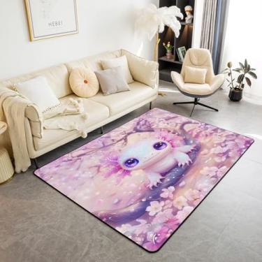 Imagem de Erosebridal Tapete de área de desenho animado Axolotl 1,28 m x 90 cm para meninas, tapete infantil rosa flor de cerejeira fofo Kawaii salamandra vida selvagem tapete decorativo animal floresta tapete