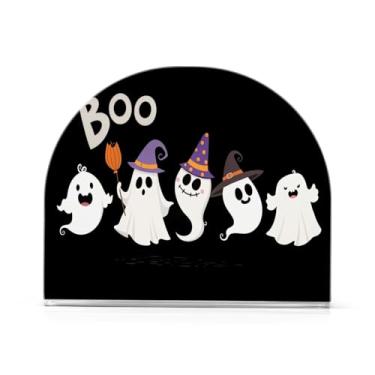 Imagem de JUZIHAI Suporte de guardanapo de Halloween Boo para mesa dispensador de guardanapo de acrílico para mesa suporte de lenços independente para cozinha sala de jantar bar festa decoração de casa