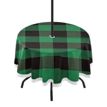 Imagem de Qilmy Toalha de mesa redonda à prova d'água com estampa xadrez Buffalo de 152 cm com orifício para guarda-chuva e zíper – uso externo / interno resistente para pátio, churrascos, piqueniques, festas