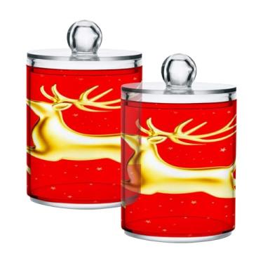 Imagem de Qilmy Qtip Suporte de 400 ml, pote de armazenamento de boticário de plástico transparente de rena dourada com tampa, dispensador de recipiente de banheiro para bola de algodão, cotonete, fio dental