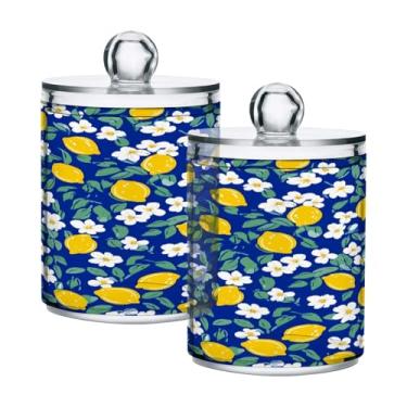 Imagem de Qilmy Suporte Qtip Yellow Lemons, pacote com 2, frascos de boticário de 400 ml, vasilha organizadora de banheiro para cotonetes, bolas de algodão, almofadas de maquiagem, fio dental, sais de banho