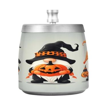 Imagem de Qilmy Cinzeiro fofo de aço inoxidável com tampa de gnomos de Halloween - Cinzeiro de cigarro à prova de vento sem cheiro sem fumaça para casa, escritório, carro, pátio, varanda (uso interno e externo)