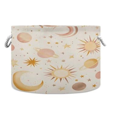 Imagem de JUZIHAI Cesto de armazenamento dobrável Boho com estampa de sol, cesto de roupa suja, cobertor com alças de corda de algodão, caixa de brinquedos dobrável, organizador de armário para quarto, berçário