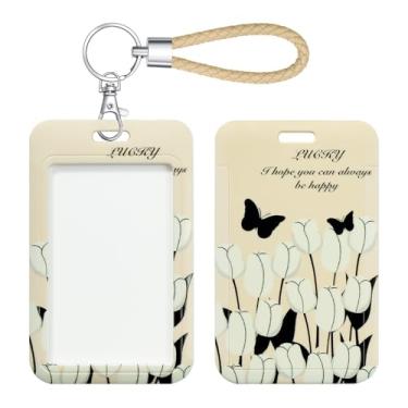 Imagem de SHININGEYES Porta-crachá de identificação com chaveiro de metal, slide de plástico aberto com janela de identificação para mulheres, homens, meninas, estudantes, tulipas brancas