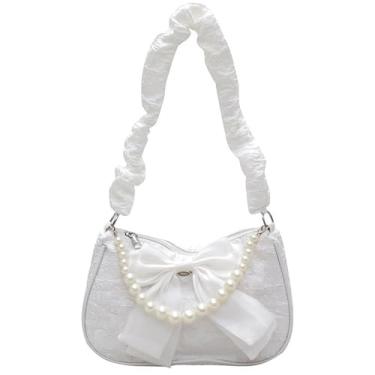 Imagem de Bolsa de ombro feminina pérola pequena Y2k bolsa clutch Hobo bolsa moderna para noite nas axilas, Branco, Small, Bolsa moderna