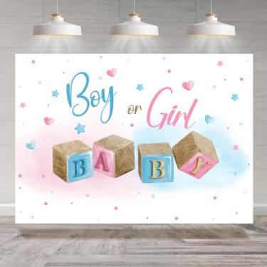 Imagem de Rsuuinu Pano de fundo fotográfico revelador de gênero menino ou menina fundo rosa azul ele ou ela decorações de festa festa bolo mesa banner foto cabine adereços 2,1 x 1,5 m