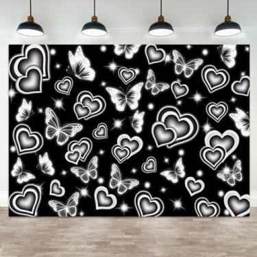 Imagem de ASDCXZ 3 x 2 m coração preto fundo do início dos anos 2000 Y2K Old School 90s fotografia fundo glitter coração borboleta dia dos namorados bandeira festa de casamento aniversário chá de bebê cabine de