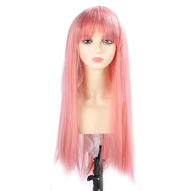 Imagem de Asixxsix Peruca Rosa com Franja, Peruca Longa Rosa Delicada Sintética Respirável Resistente ao Calor, Longa Reta com Franja para Mulheres Festa Diária Cosplay