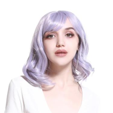 Imagem de Peruca curta Bob com franja franja ondulada encaracolada perucas para mulheres sintético Pixie linda peruca falsa em camadas lavanda
