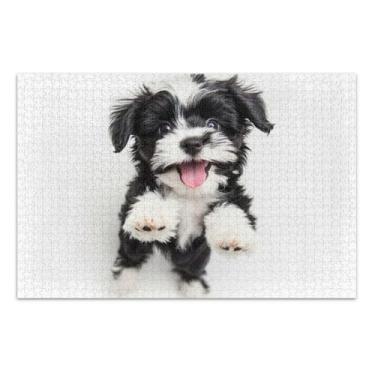 Imagem de Quebra-cabeça para adultos 500 peças presentes quebra-cabeça de jogo feliz preto branco filhote de cachorro arte dura animal flor arte, 50,5 x 14,9 polegadas