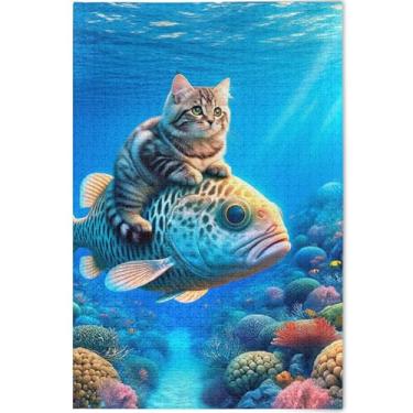 Imagem de Quebra-cabeça de gato fofo montando peixe 500 peças adultos jogo engraçado presentes arte personalizada quebra-cabeças duros cenário arte animal, 52 cm x 37,8 cm