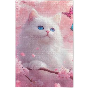 Imagem de Quebra-cabeça de gato flor de cerejeira rosa 1000 peças cenário adulto arte floral inverno cenários presentes personalizados para amantes de quebra-cabeça, 75 x 50 cm