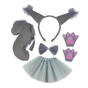 Imagem de Dynwave Kit de fantasia de cauda de animal, saia e tiara para cosplay, ideal para carnaval, festas à fantasia e baile de máscaras, Cinza
