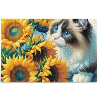Imagem de Ragdoll Quebra-cabeça de gato girassóis fofos 500 peças para adultos divertidos elefantes brancos presentes para família quebra-cabeças divertidos pintura de arte floral personalizada, 52 cm x 37,8 cm