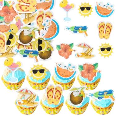 Imagem de Ephlyn 54 peças comestíveis verão praia piscina cupcake toppers sol flor melancia pistola de água chinelos de coco escolhas de cupcake tema Havaí festa de aniversário decoração de bolos suprimentos