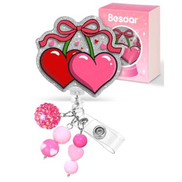 Imagem de Besoar Clipe de suporte para crachá de dia dos namorados - Carretel retrátil de coração fofo cerejas rosa para crachá de identificação com clipe jacaré, enfermeira de escritório, enfermeira