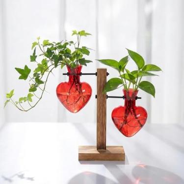 Imagem de Remerry Terrário de plantas para o dia dos namorados com suporte de madeira, coração, amor, vaso de vidro, estação de propagação, plantador de mesa, para decoração hidropônica, presente para amantes