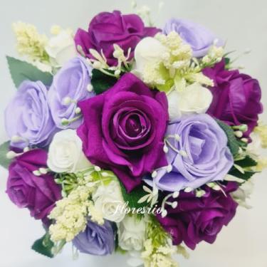 Imagem de Buquê de Noiva Artificial com Flores Coloridas para Casamento Civil ou Religioso(00525/Roxo/Branco/Botão)
