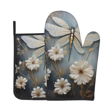 Imagem de Conjunto de luvas de forno com estampa de libélula branca em flor, conjunto de 2 peças, adequado para cozinhar, assar e grelhar ao ar livre