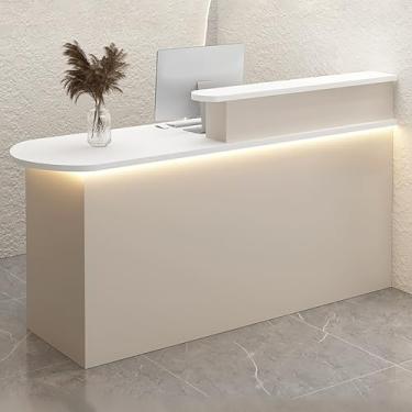 Imagem de Mesa de recepção frontal moderna com luz LED para salão, loja, escritório - mesa de balcão de varejo com gaveta e armário de armazenamento (bege, 80 x 55 x 100 cm)