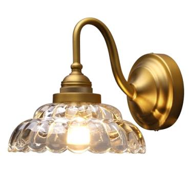 Imagem de PERMO Arandela de parede dourada vintage com sombra de vidro ondulado de folha de lótus transparente, soquete E26 para decoração de banheiro, quarto ou corredor