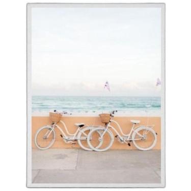 Imagem de Quadro Fotografia Praia Bicicletas 24X18Cm Madeira Branca