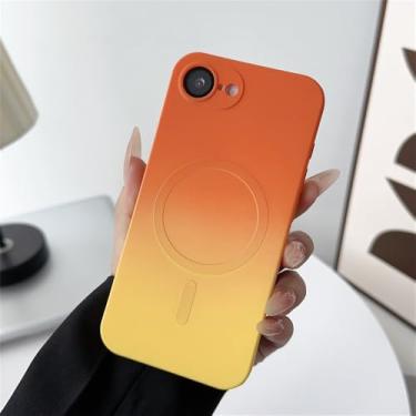 Imagem de Capa de silicone líquido com carregamento sem fio para iPhone 16 Pro Max, 15, 14 Plus, 16e, SE4, 11, 12 e 13, com ímã e efeito degradê nas cores laranja e amarelo. Compatível com iPhone 12 Pro.