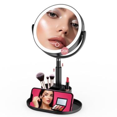 Imagem de Shinowa Espelho de maquiagem com luzes, espelho de aumento iluminado de 1X/20X com armazenamento para maquiagem e joias, espelho de vaidade ajustável de 2 lados com 3 luzes coloridas, rotação de 360°