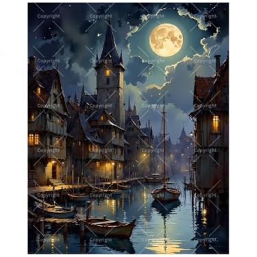 Imagem de TAOPAOLAB Kit de pintura de paisagem noturna Old Harbor por números para adultos - DIY cidade medieval iluminada pela lua com pintura de barcos em tela 40,6 x 50 cm, conjunto de tinta acrílica