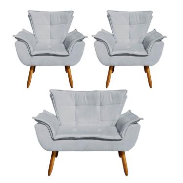 Imagem de Namoradeira e 2 Poltronas Pé Palito Castanho Opala Suede Cinza D03 - D'Rossi