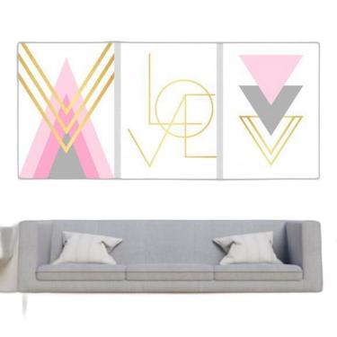 Imagem de Kit 3 Quadros Love Triângulos Rosa/Dourado 33X24Cm Com Vidro