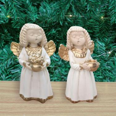Imagem de Par De Anjos De Gesso Branco Com Dourado Estátua Decorativa