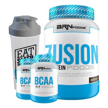 Imagem de Kit Fusion Protein 900g + BCAA 2400 100 caps + Premium BCAA 120 caps + CoqueteleiraBRNf...