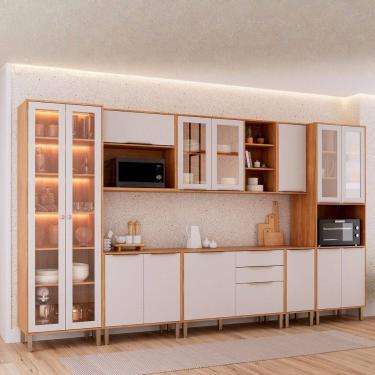 Imagem de Cozinha Modulada 8 Peças Brilhante com 1 Cristaleira 3 Balcões 3 Armários Aéreo e 1 Torre Cinamomo