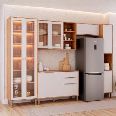 Imagem de Cozinha Modulada 5 Peças com 1 Cristaleira 1 Balcão 2 Armários Aéreos e 1 Torre Brilhante Cinamomo/Off White