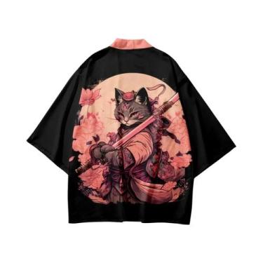 Imagem de Kimono Haori Unissex Japonês Sakura Cat Samurai Cardigan Solto De Mang
