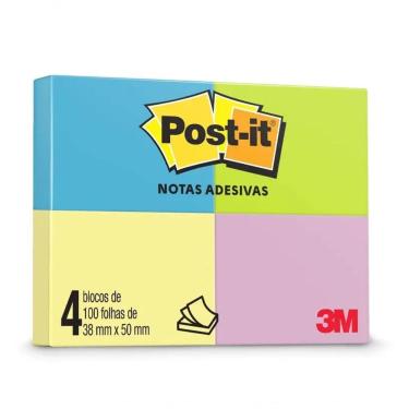 Imagem de Bloco De Notas Adesivas Post-it 38x50 Mm 100 Folhas - 4 Unidades - 3m - Colorido