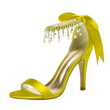 Imagem de Sandália feminina com pingente de strass salto prateado cetim noiva vestido festa noite sapatos 10,5 cm sapatos de trabalho, Amarelo, 6.5