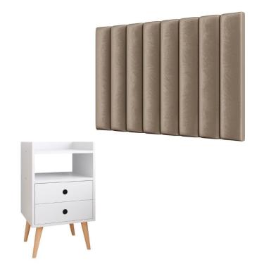 Imagem de Kit Cabeceira Estofada Cama Box Solteiro 90 cm Sophia Bege e Mesinha Canto Quarto 2 Gavetas Retrô Nicho Decorativo Dream Branco- RPM