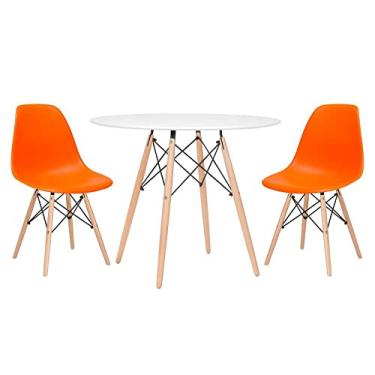 Imagem de Loft7, Kit - Mesa redonda Eames 90 cm branco + 2 cadeiras Eiffel Dsw Laranja