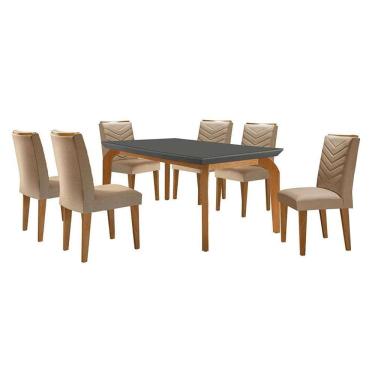 Imagem de conjunto de mesa de jantar retangular com tampo de vidro grafite e 6 cadeiras turquesa linho bege e imbuia