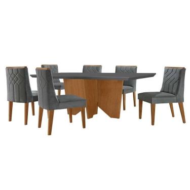 Imagem de conjunto de mesa de jantar retangular com tampo de vidro e 6 cadeiras varsóvia veludo grafite e imbuia