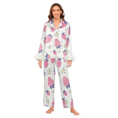 Imagem de GuoChe Conjunto de pijama leve e confortável, fofo, conjunto de pijama feminino de cetim de seda para festa do pijama, dama de honra, casamento, Xadrez de búfalo morangos rosa, G