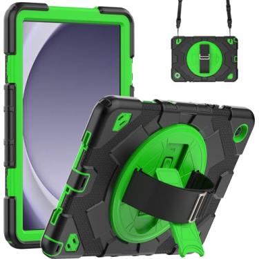 Imagem de Capa de TPU resistente à prova de choque para Samsung Galaxy Tab A9 Plus (2023) SM-X210/216B Capa protetora robusta à prova de quedas suporte giratório de 360° + alça de ombro (preto + verde)