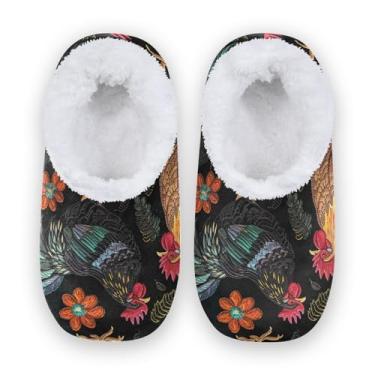 Imagem de CHIFIGNO Sapatos de casa com flores de coelhos, chinelos quentes para homens, chinelos de quarto femininos M-XXL, Galo girassóis, preto, 14, X-Large