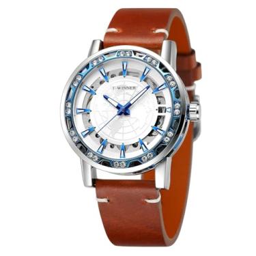 Imagem de FORSINING Relógio analógico masculino esqueleto mecânico de vento manual esculpido no mapa do mundo com pulseira de couro genuíno WRG8278M3S6, Branco e azul., Moderno